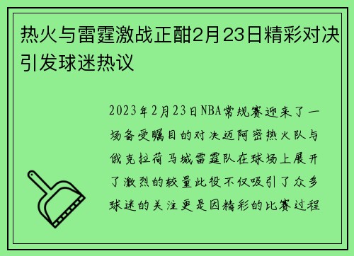 热火与雷霆激战正酣2月23日精彩对决引发球迷热议